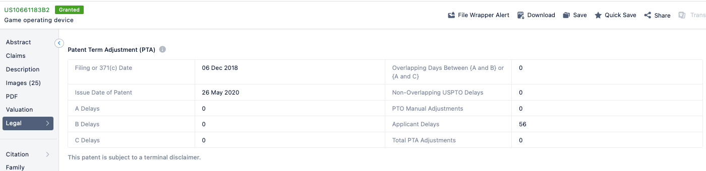 PatSnap screenshot demonstrating the tracking of Patent Term Adjustments